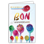 69-3118 Carte Anniversaire Enfant Bonbons Sucettes pour Goûter Gourmand Régale-toi Peinture Aquarelle - Finitions Dorure Or Doré + Gaufrage en Relief +1 Enveloppe Format 12x17cm - Fabriqué en Europe