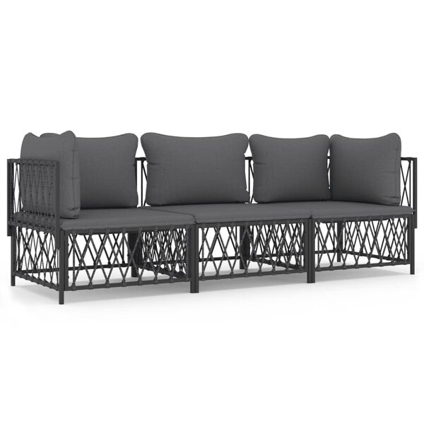 vidaXL Salon de jardin avec coussins 3 Pièces anthracite acier