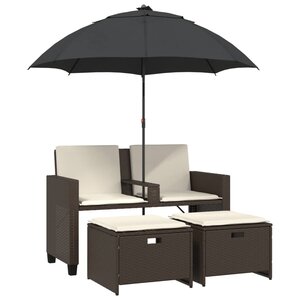 vidaXL Canapé de jardin 2 places et parasol et tabourets marron rotin