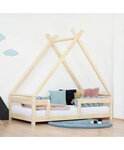 Lit Tipi enfant avec barrière bois massif gris 120 x 190 cm