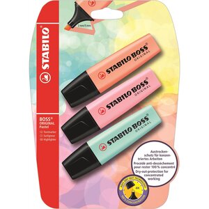 Blister x 3 surligneurs BOSS ORIGINAL Pastel pêche + rose + turquoise x 10 STABILO