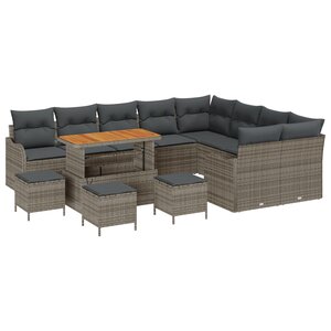 Ensemble de Canapés de Jardin 13 Pièces avec Coussins Gris Poly Rattan Acacia