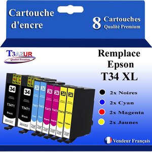 T3AZUR- 8x Cartouches Compatibles avec Epson 34XL 34 XL remplace Epson WorkForce Pro WF3725DWF WF3720DW WF3720DWF