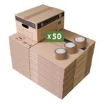 Pack and Move - Lot 50 Cartons Déménagement Stockage S - 36 x 28 x 18 cm - Poignées renforcées - 3 adhésifs offerts