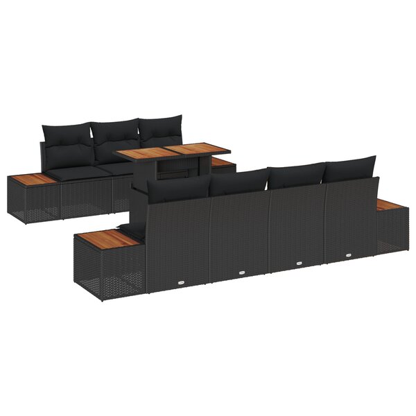 vidaXL Ensemble de salle à manger de jardin 8 pièces avec coussins Noir Poly Rotin Acacia