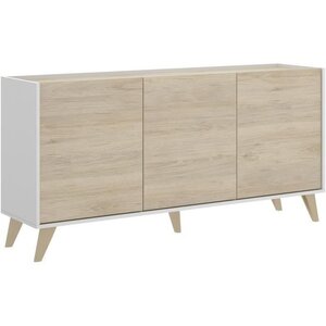 Buffet bas NESS - Mélamine bois clair et blanc - 3 Portes - 155 x 43 x 75 cm