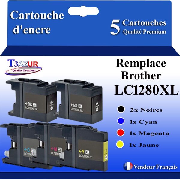 T3AZUR- Lot de 5 Cartouches compatibles avec Brother LC1240 / LC1280 XL pour Brother MFC-J6510DW  MFC-J6710CDW  MFC-J6710DW
