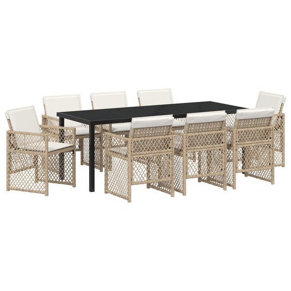 Ensemble de salle à manger de jardin de 9 pièces avec coussins Beige Poly Rotin