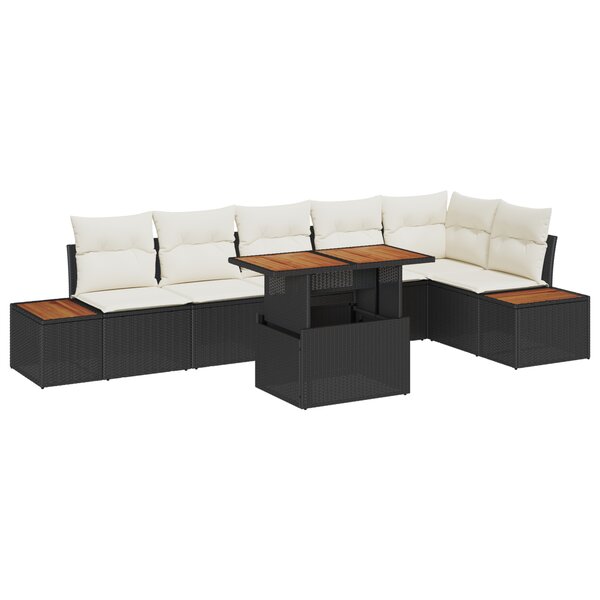 vidaXL Ensemble de jardin de 7 pièces avec coussins en poly rotin noir et acacia