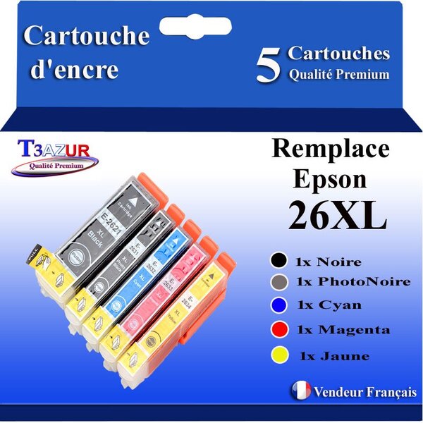 T3AZUR - 5 Cartouches Compatibles avec Epson XP-510  XP-520  XP-600  XP-605  XP-610  XP-615 remplace Epson T26XL +10 papiers photo A6 - T3AZUR
