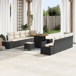 Canapé de jardin 11 pièces avec coussins noirs en poly rotin et acacia