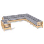 vidaXL Salon de jardin 11 Pièces avec coussins gris Bois de pin solide