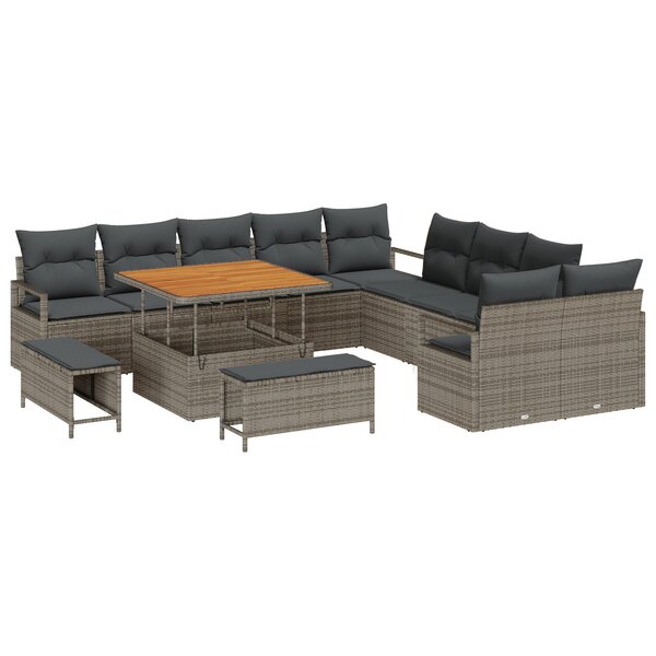 Ensemble de canapé de jardin de 13 pièces avec coussins gris poly rattan acacia