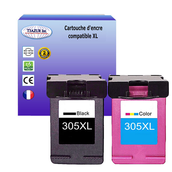 T3azur - 1+1 cartouches d'encre compatibles remplace hp 305 305xl noire+ couleur pour hp deskjet plus 4121 4121e 4122 4122e