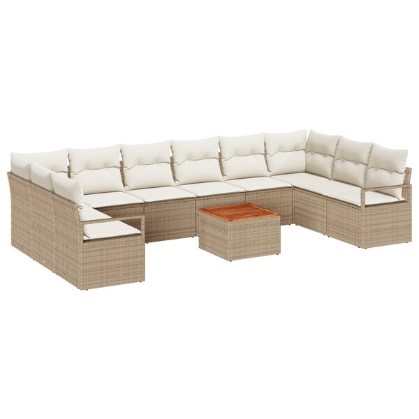 Ensemble de Canapé de Jardin 11 Pièces avec Coussins Beige Poly Rotin Acacia