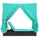 vidaXL Chaise longue double avec toit et rideaux noir résine tressée