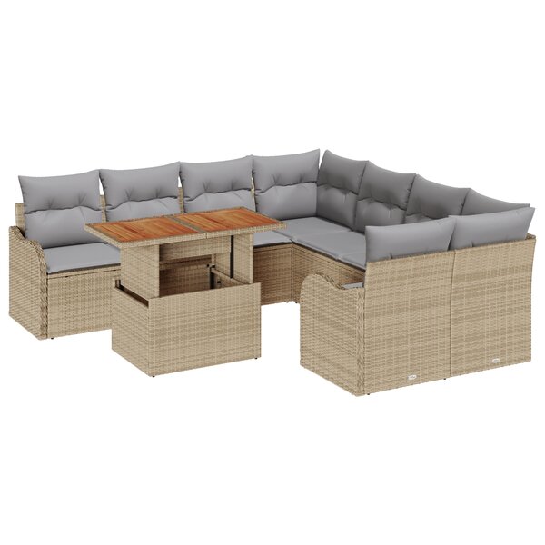Ensemble de Canapé de Jardin 9 Pièces avec Coussins Beige Rattan Poly Acacia