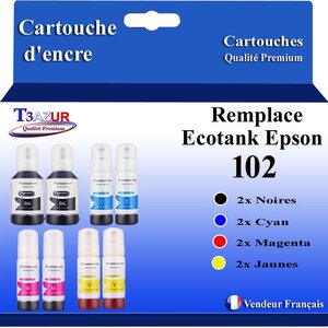T3AZUR - 8x Recharges compatibles avec Epson EcoTank ET-2756  ET-2850  ET-2851  ET-2856  ET-3700  102
