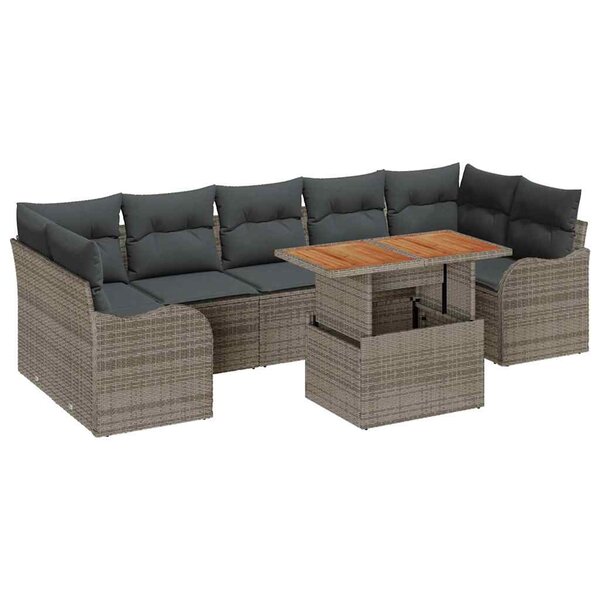 vidaXL Ensemble de jardin 8 pièces avec des coussins en rotin poly gris et acacia.
