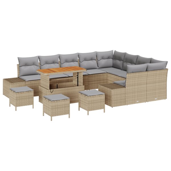 vidaXL Ensemble de jardin 13 pièces avec coussins beige poly rattan acacia