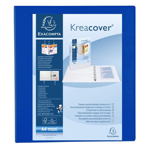 Classeur PP personnalisable Kreacover - 2 anneaux en D 40mm - A4 maxi  bleu EXACOMPTA