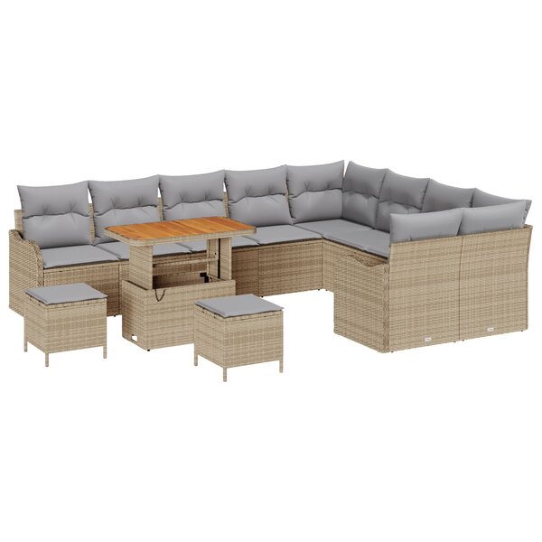 Ensemble de canapé de jardin de 12 pièces avec coussins beige poly rotin acacia