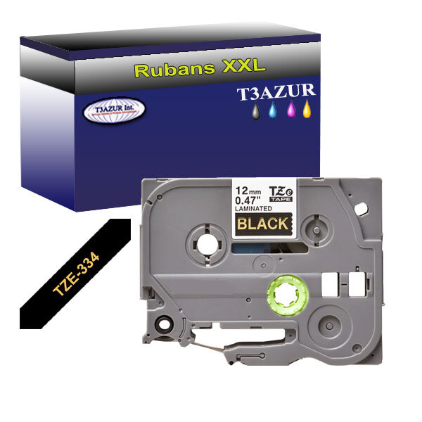 Ruban d'étiquettes laminées générique Brother Tze-334 pour étiqueteuses P-touch - Texte doré sur fond noir - Largeur 12 mm x 8 mètres - T3AZUR