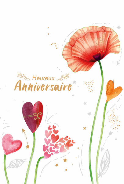 69-3103 Carte Anniversaire pour Fille Femme Joli Coquelicot Rouge Fleur Champêtre Cœurs Cadeau - Finitions Dorure Or Doré + Gaufrage en Relief +1 Enveloppe Format 12x17cm - Fabriqué en Europe