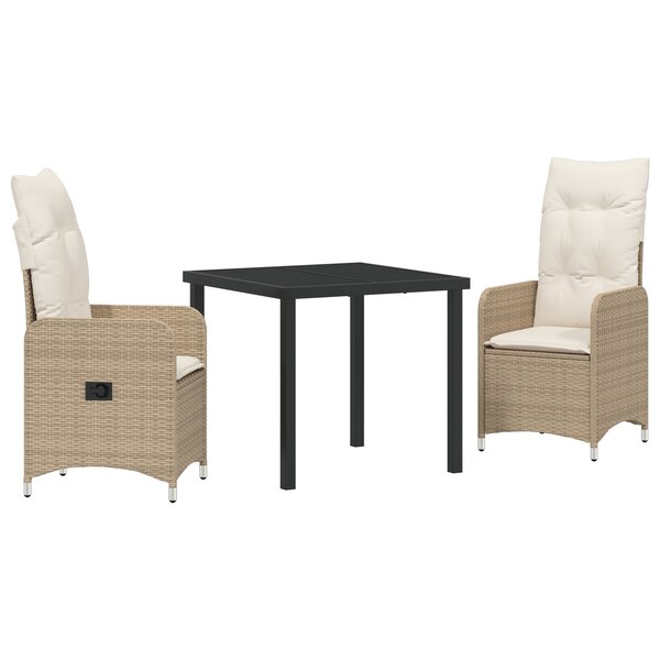 vidaXL Set de salle à manger de jardin 3 pièces avec coussins Beige Rotin synthétique.