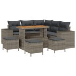 Canapé de jardin 9 pièces avec coussins en gris Poly Rattan Acacia