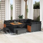 Ensemble de canapé de jardin 12 pièces avec coussins Noir poly rotin acacia