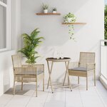 Ensemble Bistro de Jardin 3 Pièces avec Coussins Beige en Poly Rattan