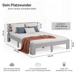 Lit double 140x200 cm gris en pin massif avec matelas mousse et sommier a lattes