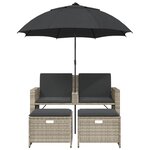 vidaXL Canapé de jardin 2 places et parasol tabourets gris clair rotin