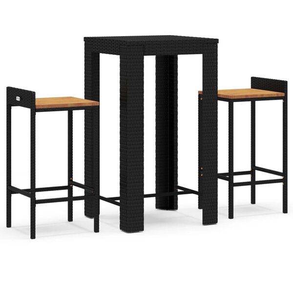 vidaXL Ensemble de bar jardin 3 Pièces noir poly rotin/bois massif acacia