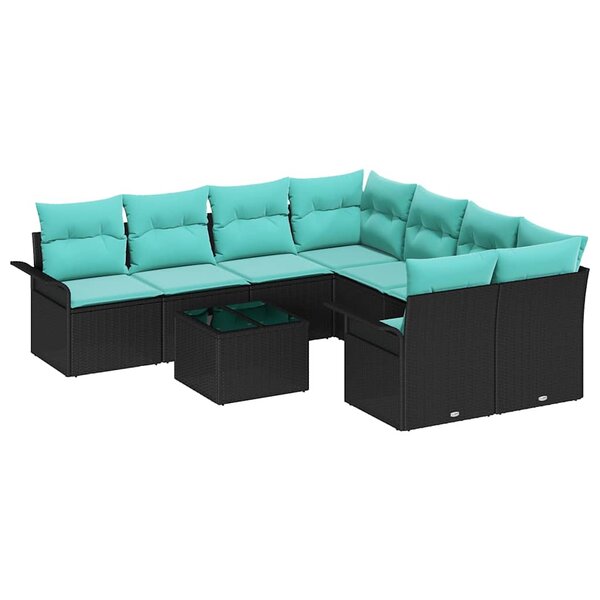 vidaXL Ensemble de canapé de jardin 9 Pièces Noir et turquoise polyrotin