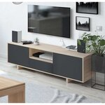 Meuble TV ZAIRA - Mélaminé Anthracite et chêne - 3 Portes - 150 x 41 x 46 cm