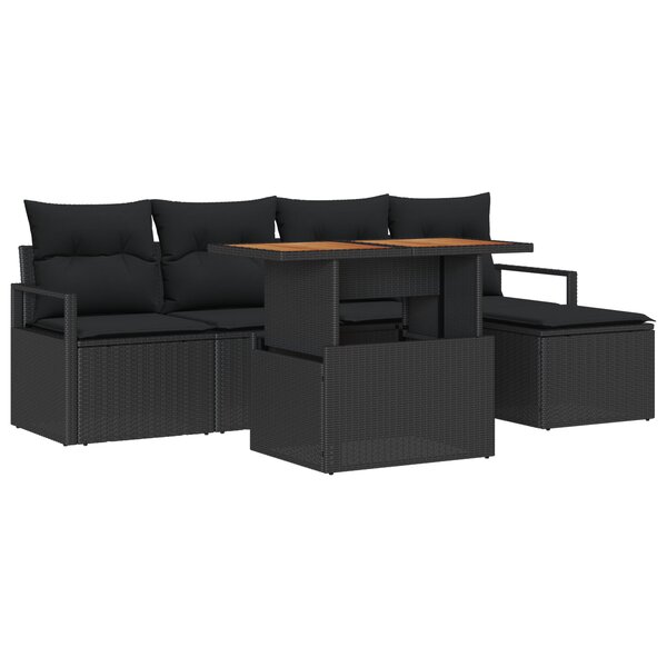 vidaXL Ensemble de Canapé Jardin 6 Pièces avec Coussins Noir Poly Rattan Acacia