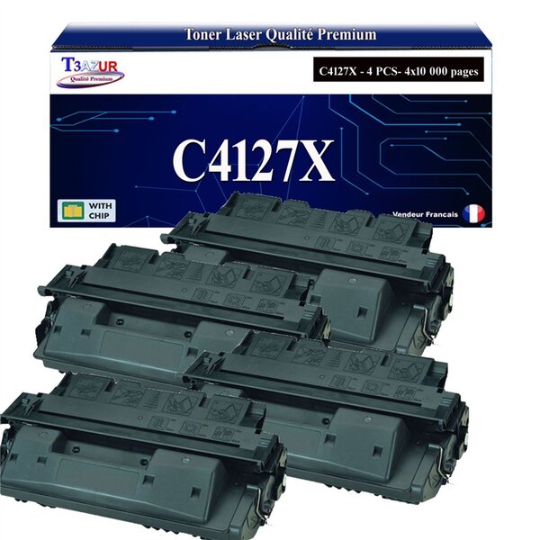 T3AZUR -4x Toners compatibles avec HP C4127X / C8061X (27X/61X) pour HP Laserjet 4000  4000N  4000SE  4000T  4000TN  4050  4050DN  4050N  4050SE