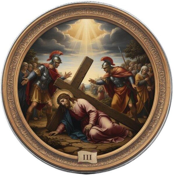 Pièce de monnaie en Argent 1 Dollar g 31.1 (1 oz) Millésime 2026 Via Crucis The Fifteen Stations JESUS FALLS THE FIRST TIME