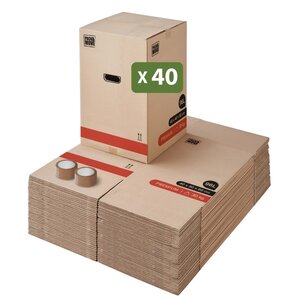 Pack and Move - Lot 40 Cartons Déménagement Premium - 40 X 40 X 60 Cm - Extrême Résistance 30 KG - Réutilisables - Double Épaisseur - Poignées Renforcées - 2 Adhésifs Offerts