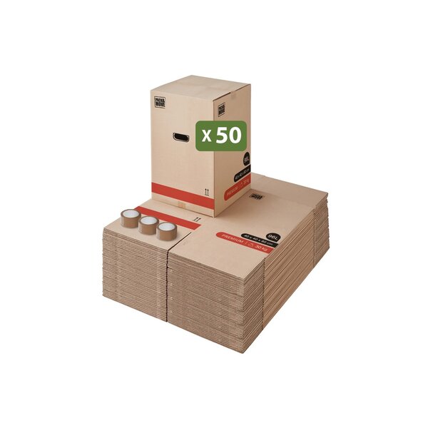 Pack and Move - Lot 50 Cartons Déménagement Premium - 40 X 40 X 60 Cm - Résistance 30 KG - Double Épaisseur - Poignées Renforcées - 3 Adhésifs Offerts