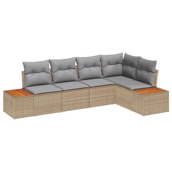 vidaXL Ensemble de Canapé de Jardin 5 Pièces avec Coussins Beige Rotin Poly Acacia