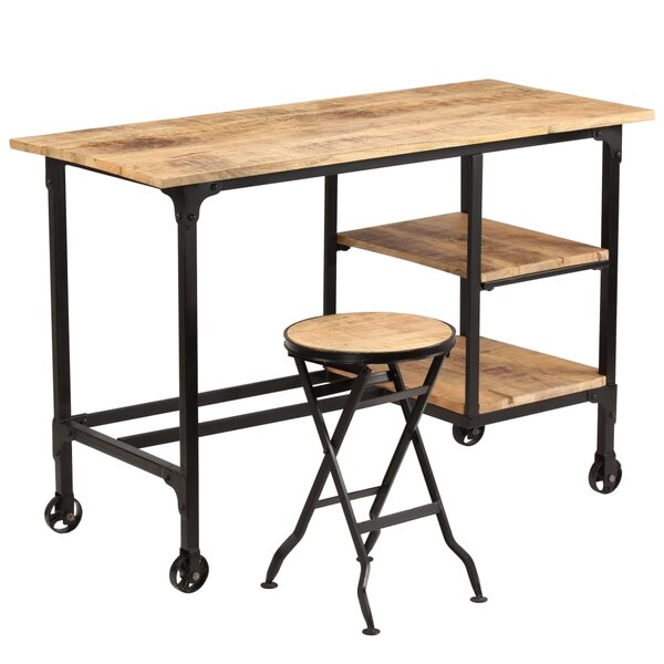 Bureau table poste de travail meuble d'ordinateur informatique étude avec tabouret pliant bois de manguier massif 115 x 50 x 76cm brun 02_0023442