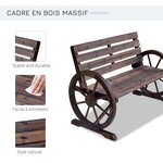 Banc de jardin 3 places style rustique chic accoudoirs roues charette bois sapin traité carbonisation