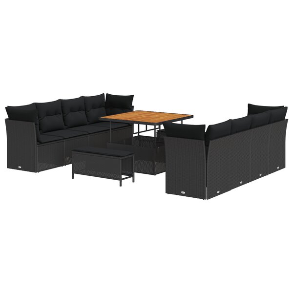 Ensemble de canapé de jardin 11 pièces avec coussins en rotin poly noir Acacia