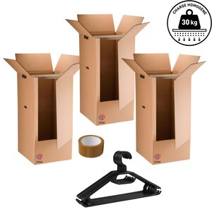 Lot de 3 Cartons Penderie 50x50x100 cm avec Tringles+ 1 Rouleau Adhésif & 10 Cintres Offerts