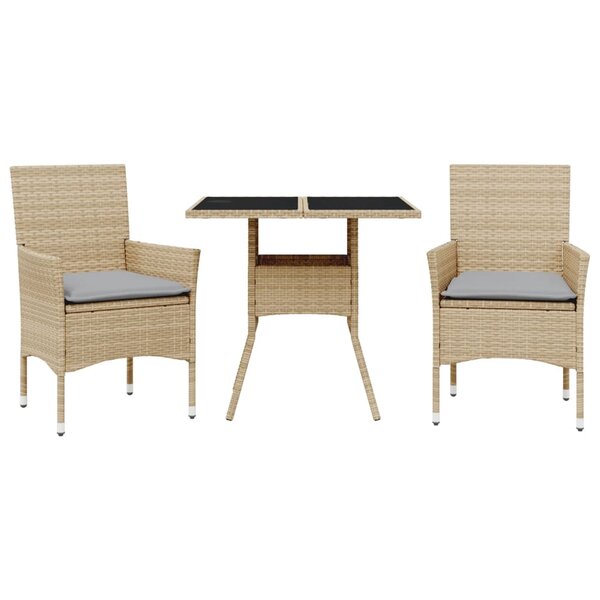 vidaXL Ensemble à manger de jardin et coussins 3 Pièces beige rotin verre