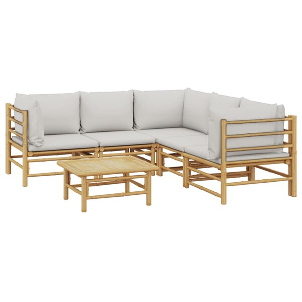 Salon de jardin meuble d'extérieur ensemble de mobilier 6 pièces avec coussins gris clair bambou 02_0016773