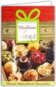 Carte meilleurs vœux gourmands doré collage cadeau ruban en or avec enveloppe